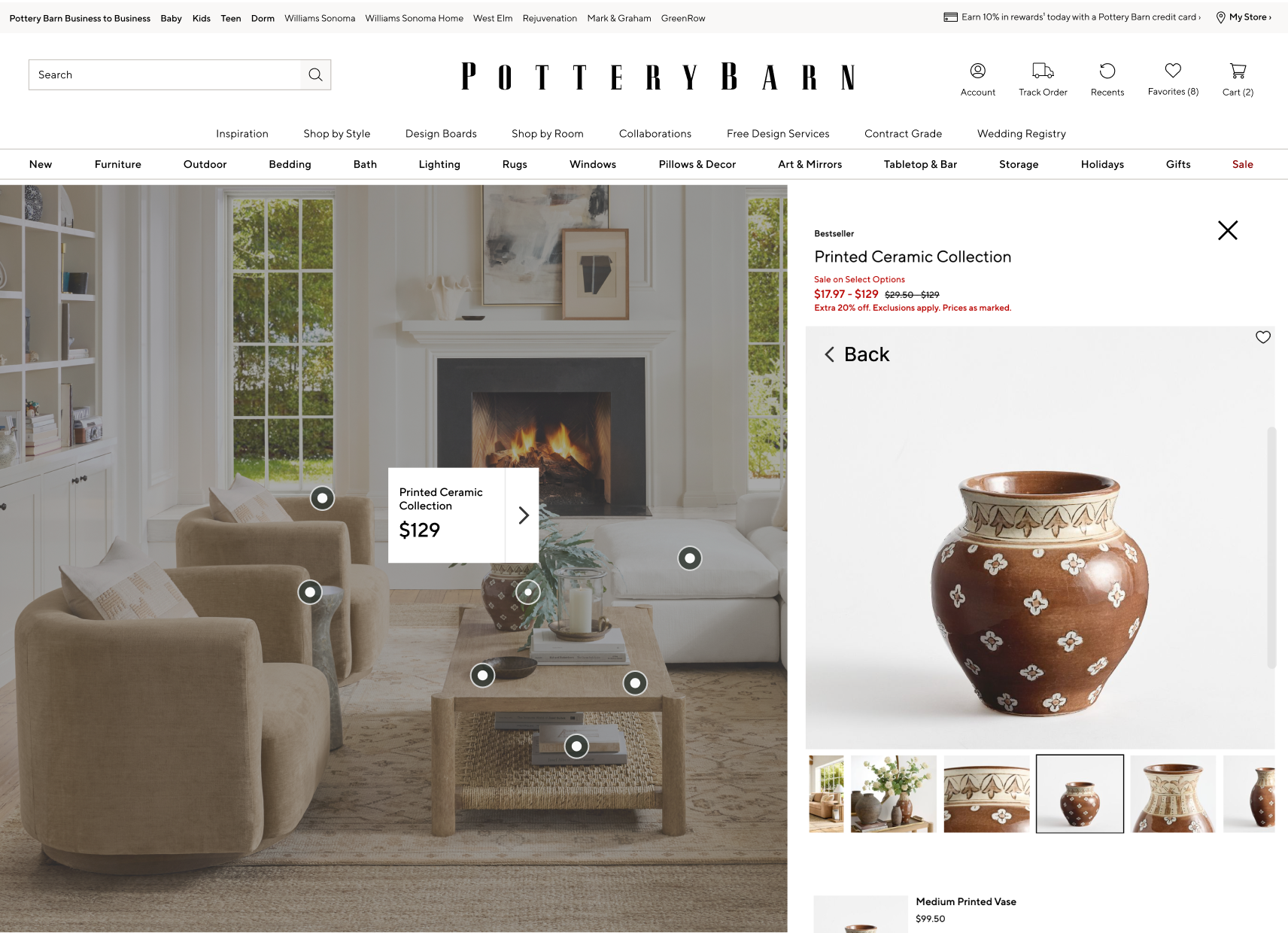 Pottery Barn contextual product discovery panel