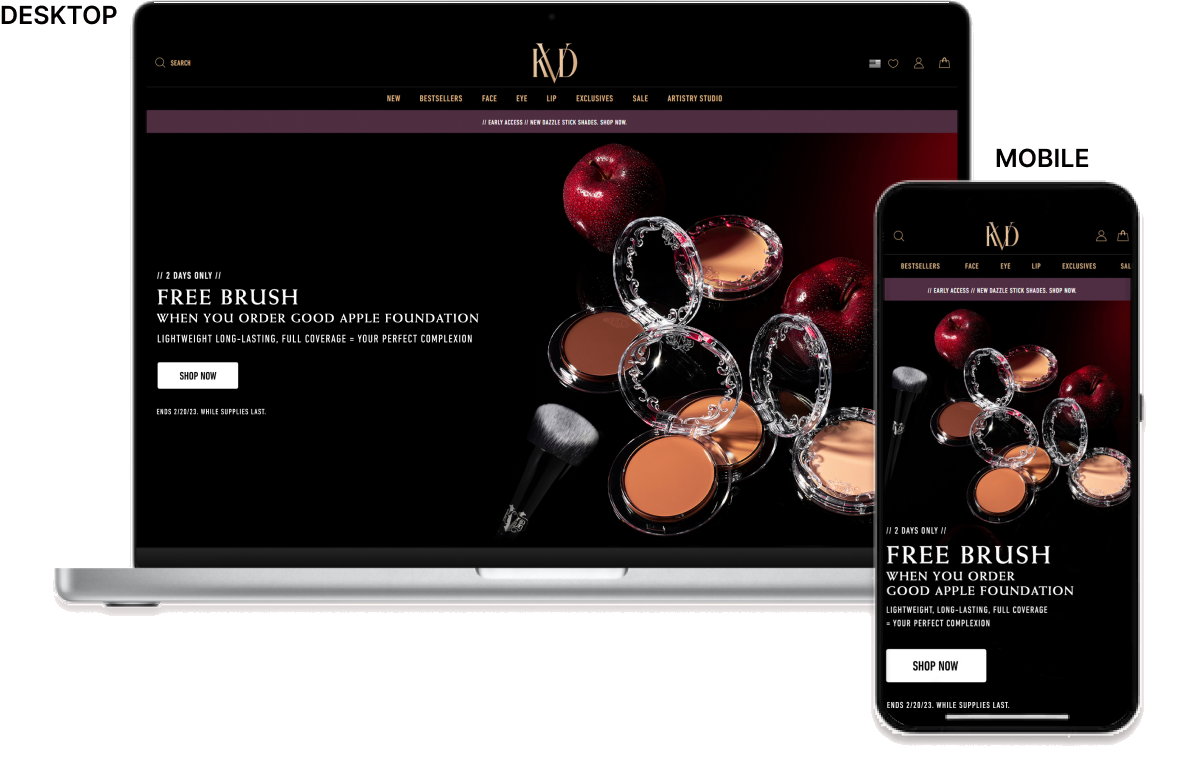 KVD Beauty homepage hero shown on desktop and mobile